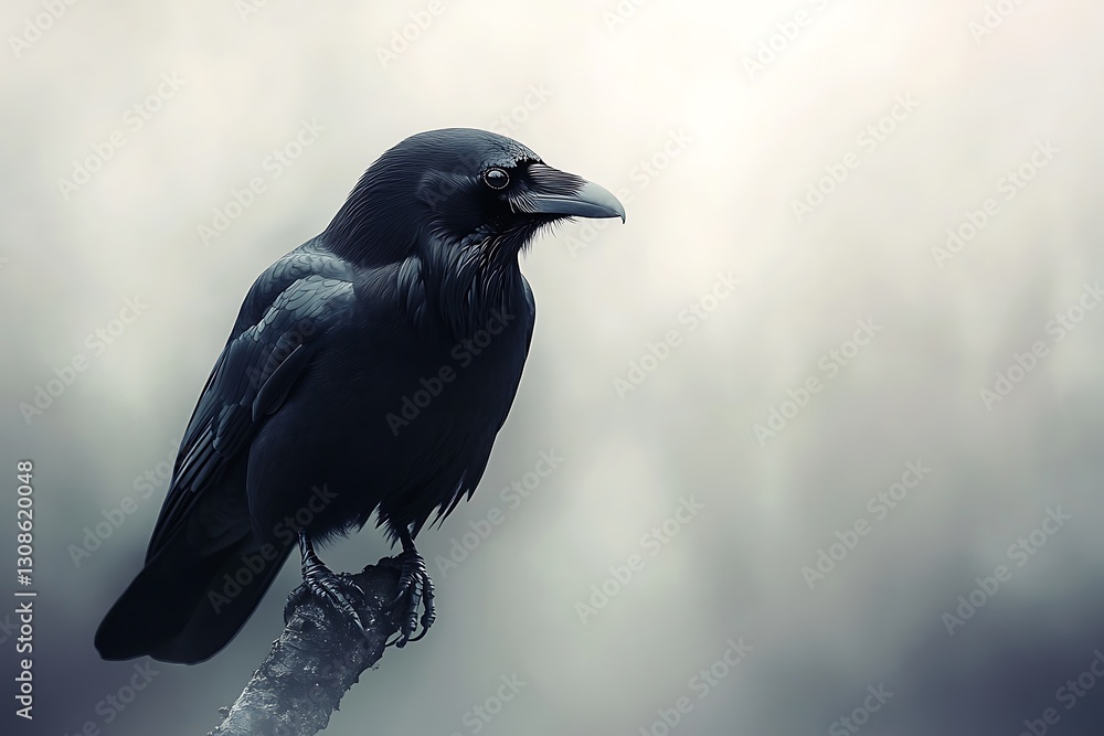 Majestic black crow perched on branch, misty background.