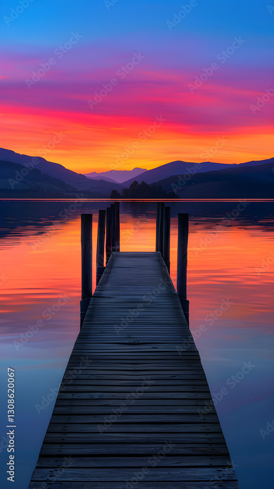 Obraz premium Tranquil Sunset Over Serene Lake with Silhouetted Mountains and Wooden Pier