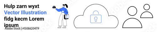 Person interacting with cloud storage, key lock for security, basic outline of team. Ideal for data security, teamwork, cloud services, collaboration, privacy, technology flat landing page banner