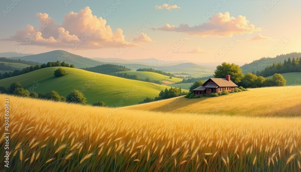 Obraz premium Serene countryside landscape with golden wheat fields at sunset, tranquility