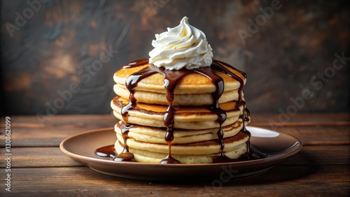 Wallpaper Mural Fluffy pancakes stacked high on a plate, drizzled with rich chocolate sauce and topped with whipped cream Torontodigital.ca
