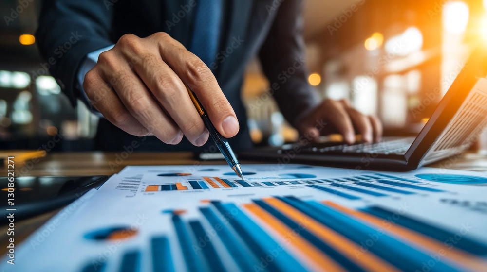 Businessman analyzing financial data charts graphs report pen desk hand market office laptop growth Businessman analyzing financial data charts graphs report pen desk hand market office laptop growth