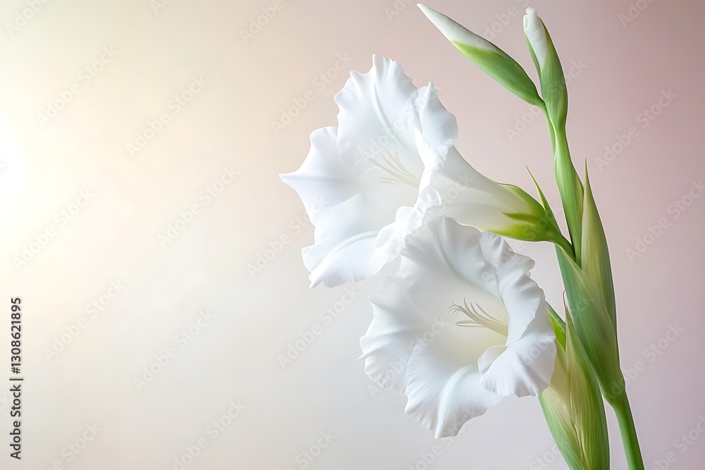 Fototapeta premium Two elegant white gladiolus flowers with buds against a soft background.