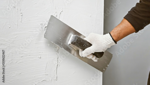 Wallpaper Mural Professional wall plastering with worker applying white plaster using metal trowel. Perfect for home renovation, construction services, interior finishing, and building materials advertising Torontodigital.ca