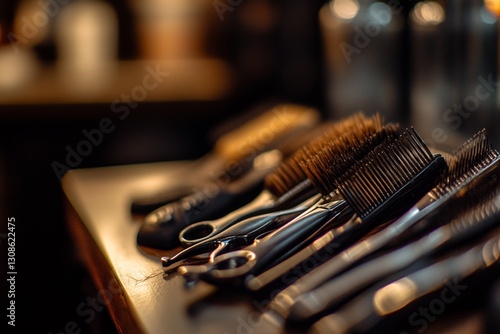 Barber shop tools arranged on wooden counter