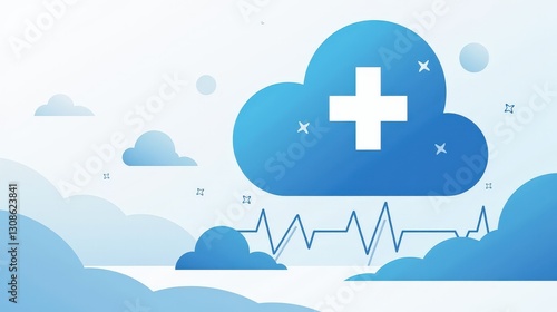 A stock illustration representing Social justice in sky blue and white, with geometric shapes and metaphors of medical cross and heartbeat lines