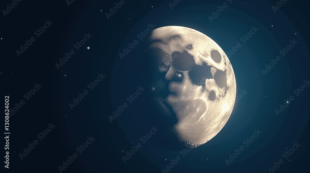 Fototapeta premium A surreal depiction of the Moon with an eerie, skull-like surface, set against a cosmic background. A haunting celestial concept blending science fiction and astronomy.