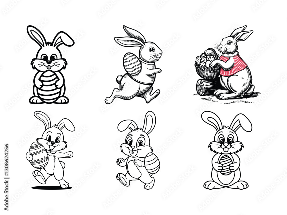 Obraz premium Easter Bunny with Eggs – Line Art Illustration for Coloring and Design