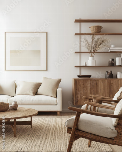 Serene Living Room: A tastefully decorated living room with a modern, minimalist design, showcasing a harmonious blend of textures and neutral tones.