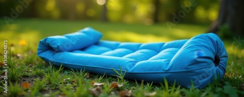 Compact rolled blue inflatable camping mattress, lightweight, easy