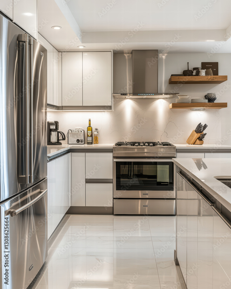 Fototapeta premium Modern Kitchen Interior: Showcasing a contemporary kitchen design with sleek lines, stainless steel appliances, and a minimalist aesthetic.
