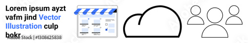 Web page interface with storefront theme, accompanied by a cloud storage icon and outline of three user profiles. Ideal for e-commerce, cloud computing, user management, online services, web design