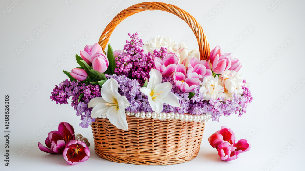 Obraz premium beautiful floral arrangement in woven basket featuring pink tulips, white lilies, and purple lilacs, creating vibrant and cheerful atmosphere. Perfect for spring decor