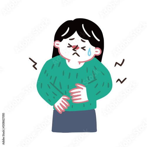 お腹がガスなどでゴロゴロして辛い女性　腸内環境についてのイラスト