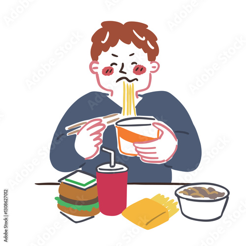 ファーストフードや牛丼など偏った食事をしている男性　腸内環境についてのイラスト