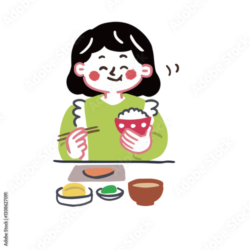 バランスの良い食事をよく噛んで食べている女性　腸内環境についてのイラスト