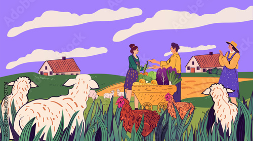 Farmers market exchange rural landscape scene. People trading vegetables near farmhouses with sheep and chickens in foreground under a purple sky. Website banner