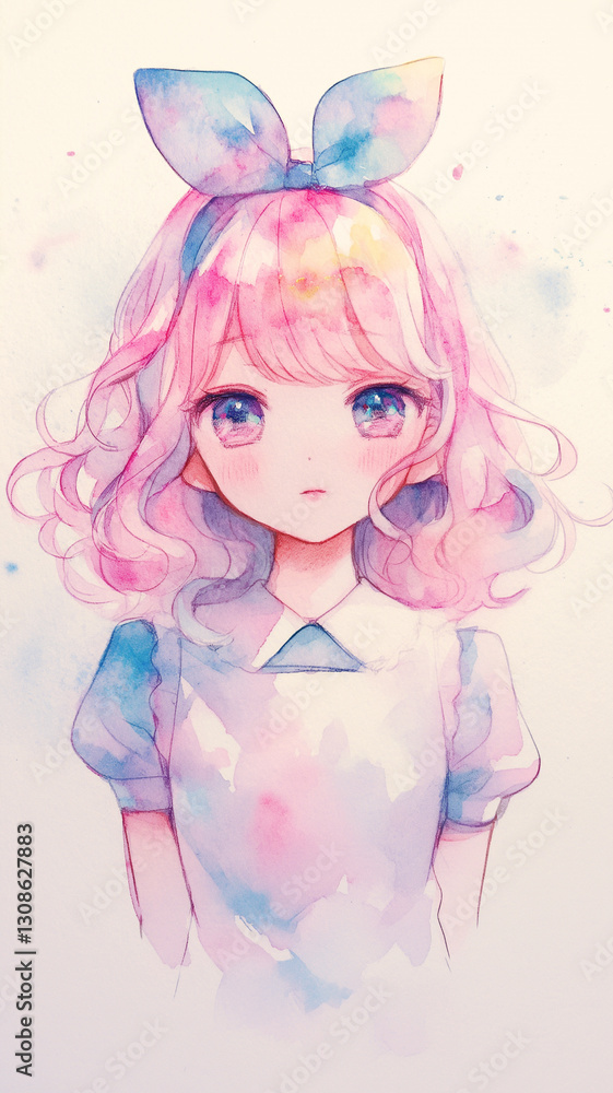 Fototapeta premium 幻想的な水彩アート パステルカラーのアリス風美少女イラスト