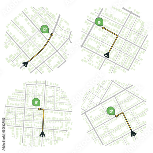 Set of Gps map navigation. View from above road map. Detailed view of city. Abstract background. Flat style, Vector, illustration isolated