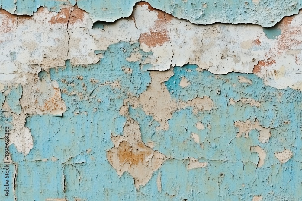 Fototapeta premium Seamless painted bunker concrete weathered wall with peeling paint in shades of blue and beige. The texture shows cracks and layers of old paint, creating an abstract pattern.