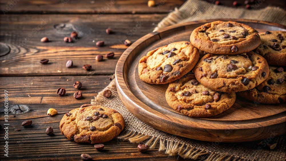 Freshly baked chocolate chip cookies sit on a rustic wooden plate, surrounded by crumbs and golden brown edges, cookies, rustic Freshly baked chocolate chip cookies sit on a rustic wooden plate, surrounded by crumbs and golden brown edges, cookies, rustic