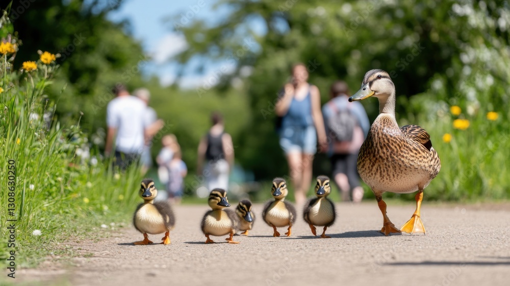 Fototapeta premium A mother duck leads her five ducklings along a park path, with blurred people walking in the background.