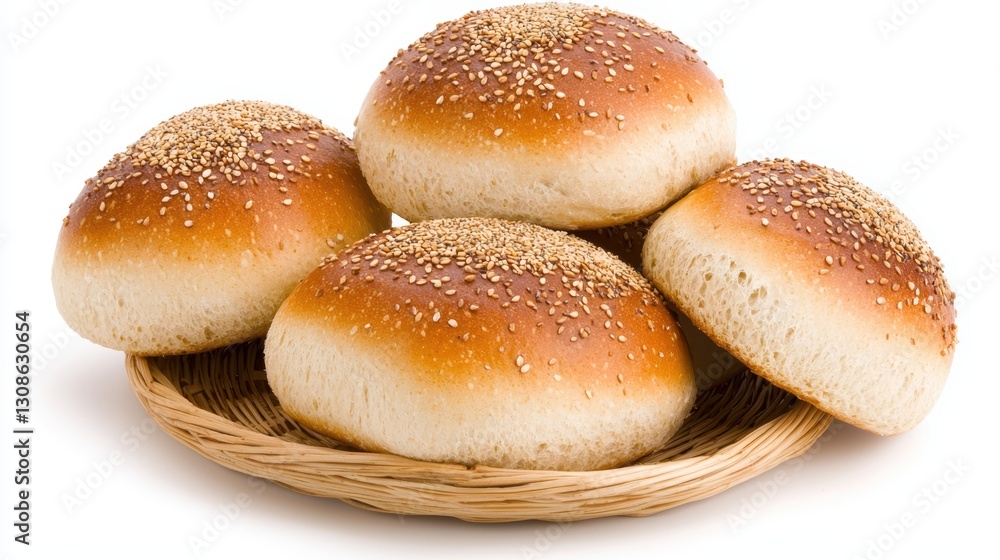 A basket holds four golden-brown sesame seed buns, showcasing a soft texture and inviting appearance, perfect for sandwiches or sides. A basket holds four golden-brown sesame seed buns, showcasing a soft texture and inviting appearance, perfect for sandwiches or sides.