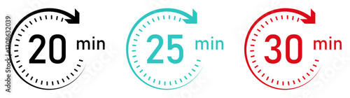 20-, 25- and 30-minutes timer and clock vector icons set in color. Timer logo. Clock symbols, stopwatch signs, Timer icons. Vector illustration.