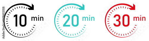 10-, 20- and 30-minutes timer and clock vector icons set in black, blue, and red color. Timer logo. Clock symbols, stopwatch signs, Timer icons. Vector illustration.