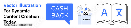 Cashback speech bubble, SCORM e-learning file icons, and multilingual book with translation symbols. Ideal for education, finance, digital tools, marketing, learning apps, global reach flat landing