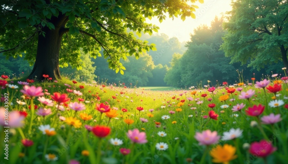 Wildflower meadow, abundant trees, soft light, trees, wildflowers Wildflower meadow, abundant trees, soft light, trees, wildflowers