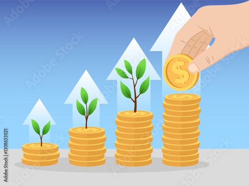 Illustration of one hand stacking coins using the concept of saving money and profit graph for financial business for future capital.