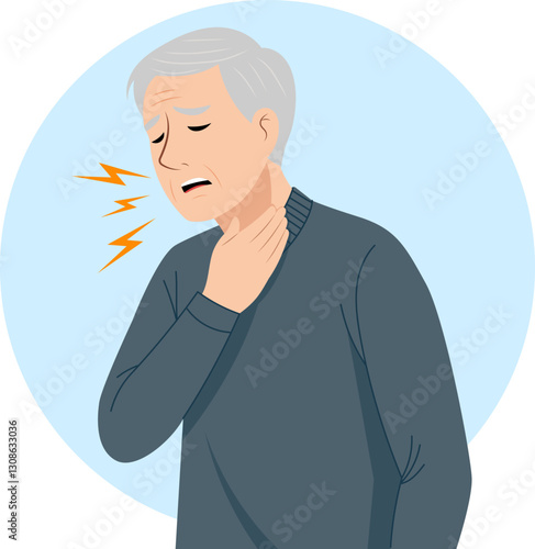 Illustration of an old man who is sick and has a sore throat.