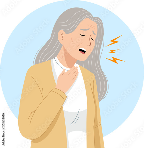 Illustration of an old woman who is sick and has a sore throat.