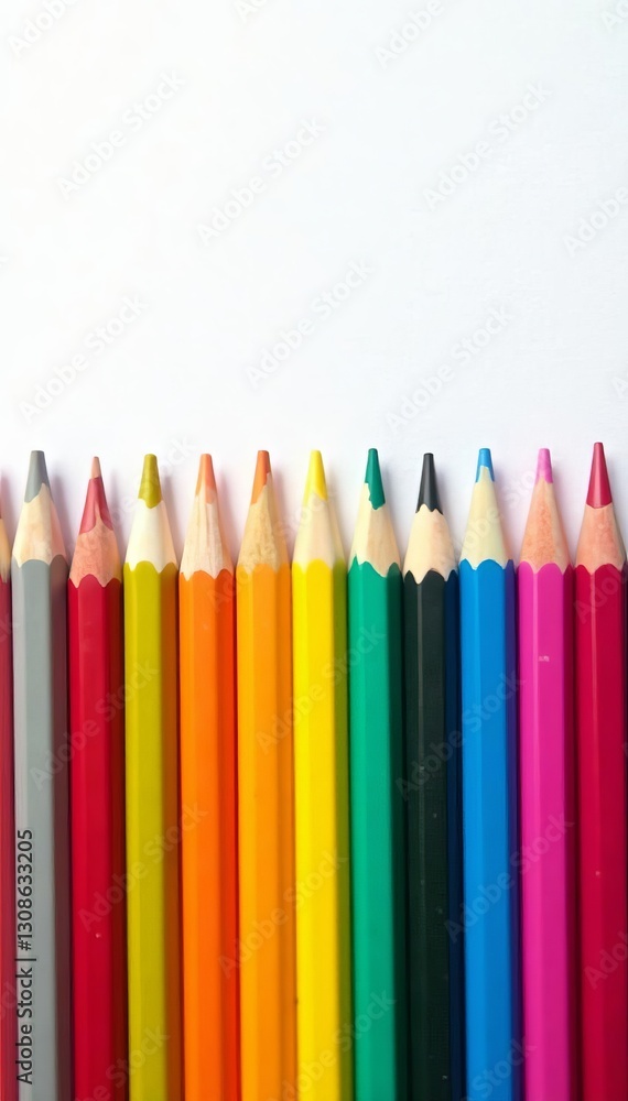 Close-up of sharpened colored pencils in a row on white backdrop, close-up, art Close-up of sharpened colored pencils in a row on white backdrop, close-up, art