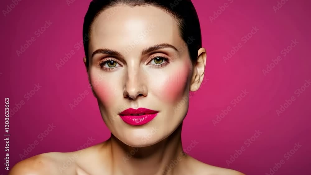 Elegant model with bold makeup demonstrates expression change on vibrant pink background Elegant model with bold makeup demonstrates expression change on vibrant pink background