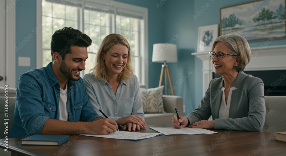 Smiling couple finalizing their home purchase with a real estate agent, symbolizing homeownership and financial stability Smiling couple finalizing their home purchase with a real estate agent, symbolizing homeownership and financial stability