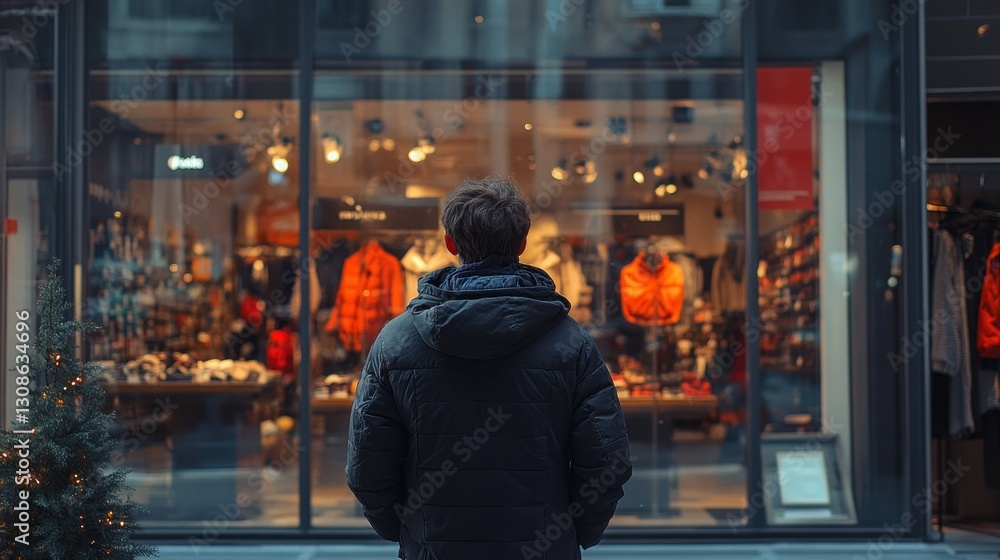man contemplates holiday shopping at store window reflecting city lights a shopper gazes at an array of displayed merchandise during the festive period man contemplates holiday shopping at store window reflecting city lights a shopper gazes at an array of displayed merchandise during the festive period