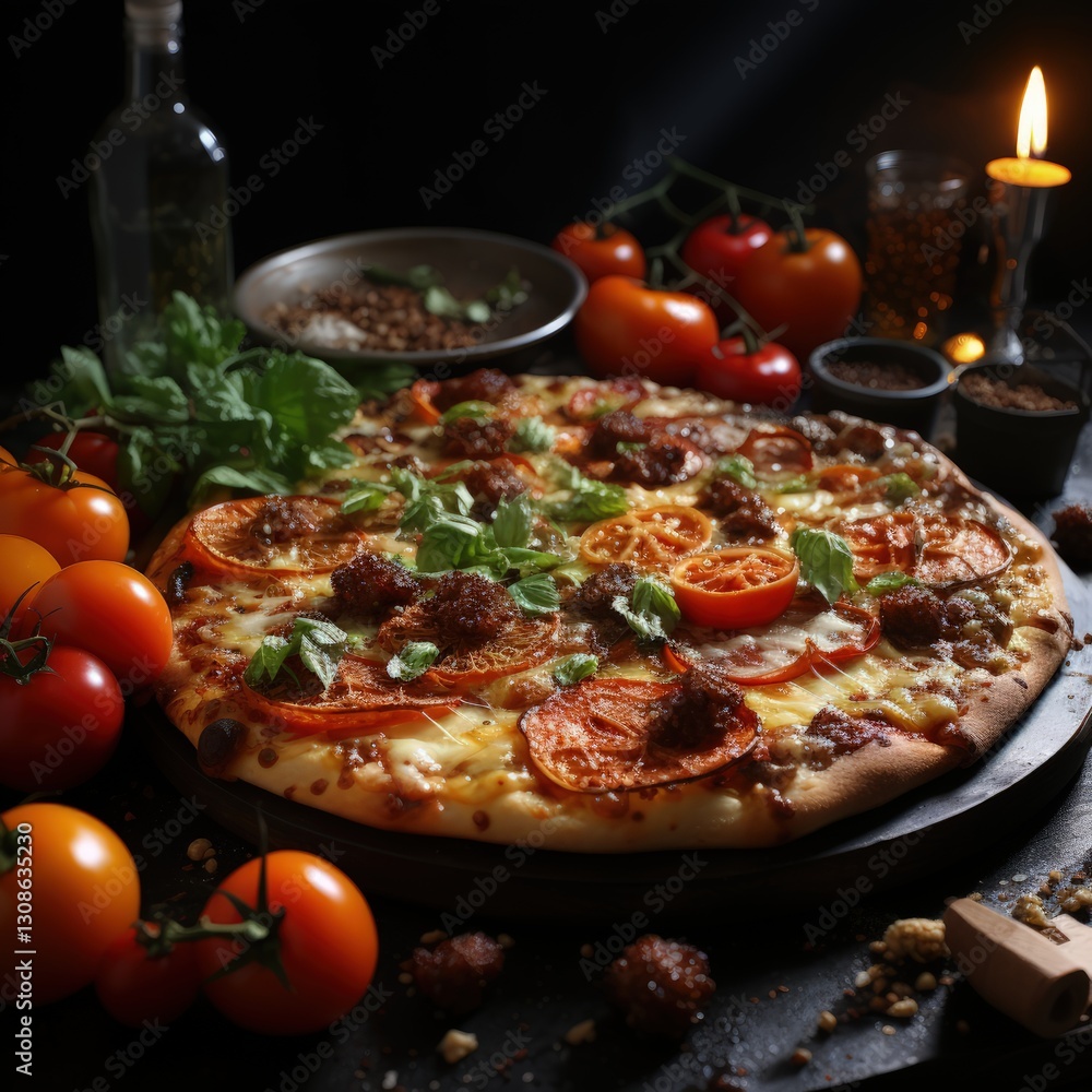 A Delicious Hot Pizza with Fresh Tomato and Melted Cheese A Delicious Hot Pizza with Fresh Tomato and Melted Cheese