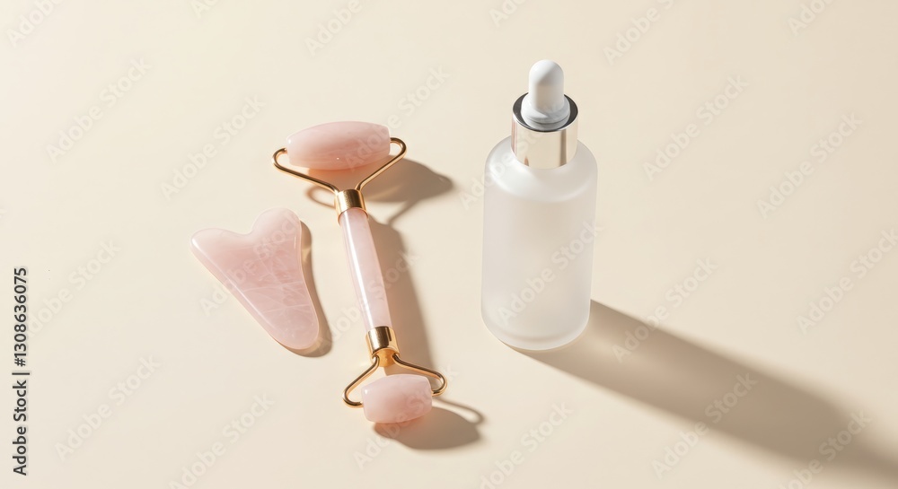 A jade and rose quartz facial roller placed beside a frosted glass serum bottle, set against a soft pastel cream background, exuding a calm and luxurious skincare and self-care aesthetic