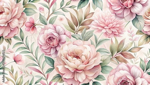 Wallpaper Mural Elegant Blush Pink Floral Botanical Seamless Pattern Design Featuring Delicate Roses, Dahlias, and Lush Greenery on a Soft Cream Background Torontodigital.ca