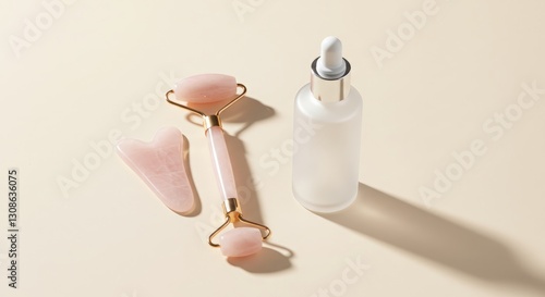 Obraz na płótnie A jade and rose quartz facial roller placed beside a frosted glass serum bottle, set against a soft pastel cream background, exuding a calm and luxurious skincare and self-care aesthetic w salonie