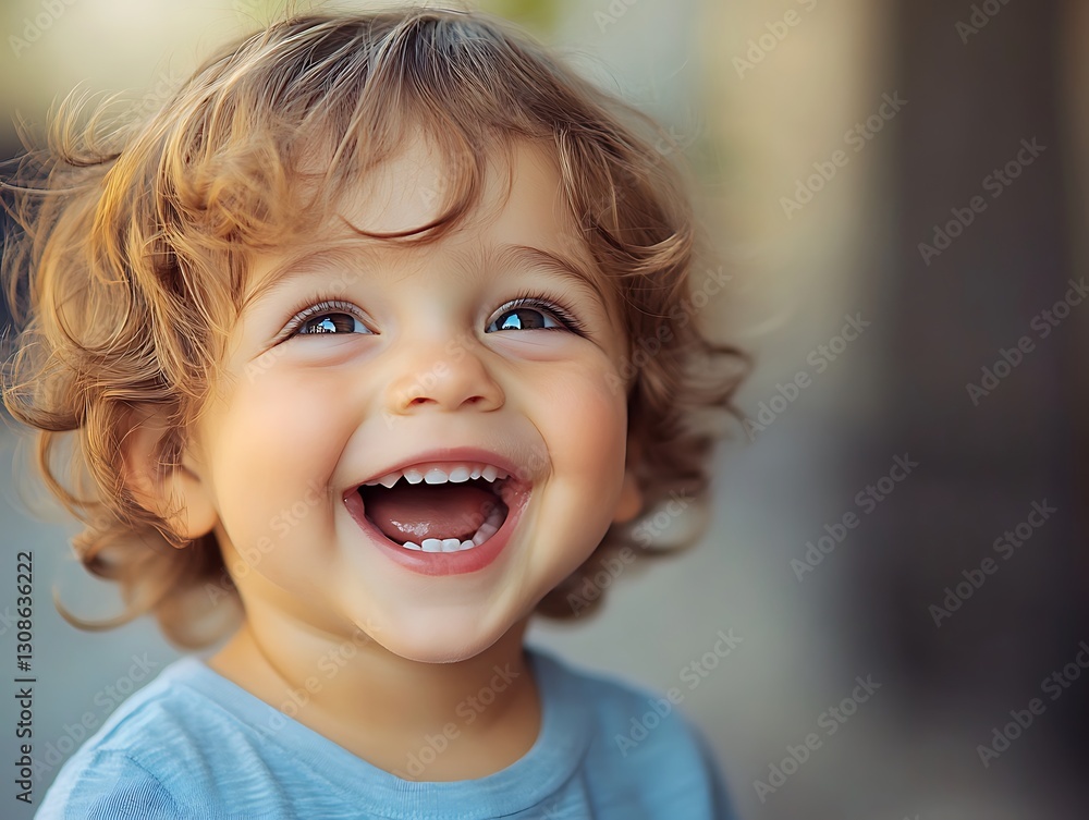 Happy toddler with curly hair laughing outdoors. Happy toddler with curly hair laughing outdoors.