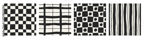 Seamless checkered and striped patterns set. Black and white geometric design, repeating print, plaid background. Endless repeatable textures for textile, fabric, cloth. Flat vector illustration