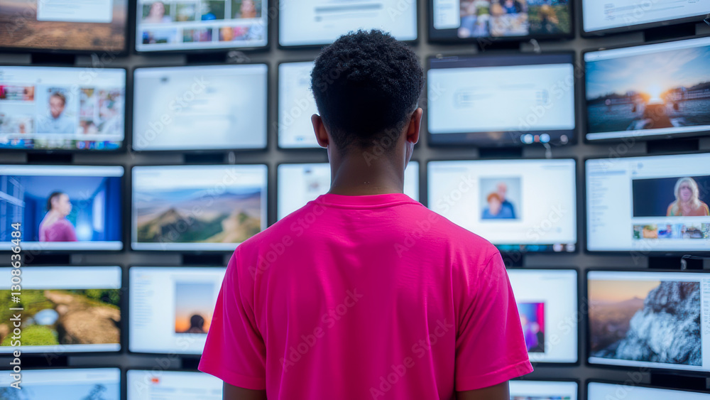 Individual Wearing Pink Shirt Observes Multiple Screens Displaying Various Digital Content and Images Individual Wearing Pink Shirt Observes Multiple Screens Displaying Various Digital Content and Images