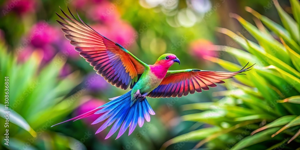 A Vibrant Rainbow Bird in Flight, Wings Spread Wide, Soaring Through Lush Foliage A Vibrant Rainbow Bird in Flight, Wings Spread Wide, Soaring Through Lush Foliage