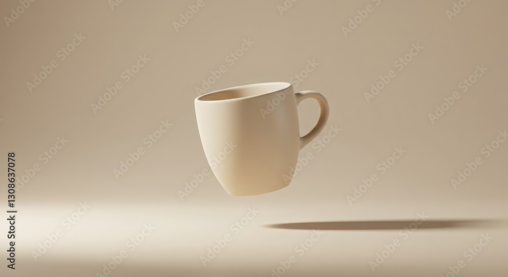 A minimalist ceramic coffee cup floating against a pastel beige background, with soft shadows and an elegant, simple aesthetic