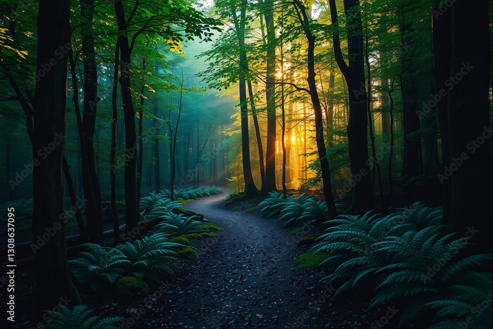 Obraz premium Serene Forest Path Illuminated by Radiant Morning Sunlight Through Lush Greenery