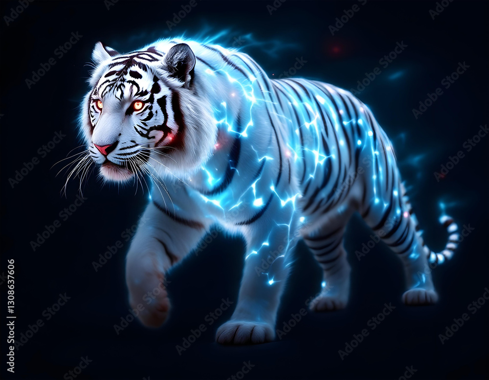 White Tiger with Glowing Blue Light and Red Eyes in Fantasy Style White Tiger with Glowing Blue Light and Red Eyes in Fantasy Style