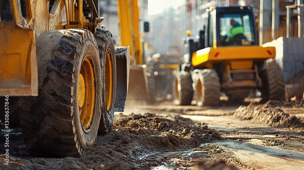 Heavy Machinery in Construction Site with Workers Preparing Ground Heavy Machinery in Construction Site with Workers Preparing Ground
